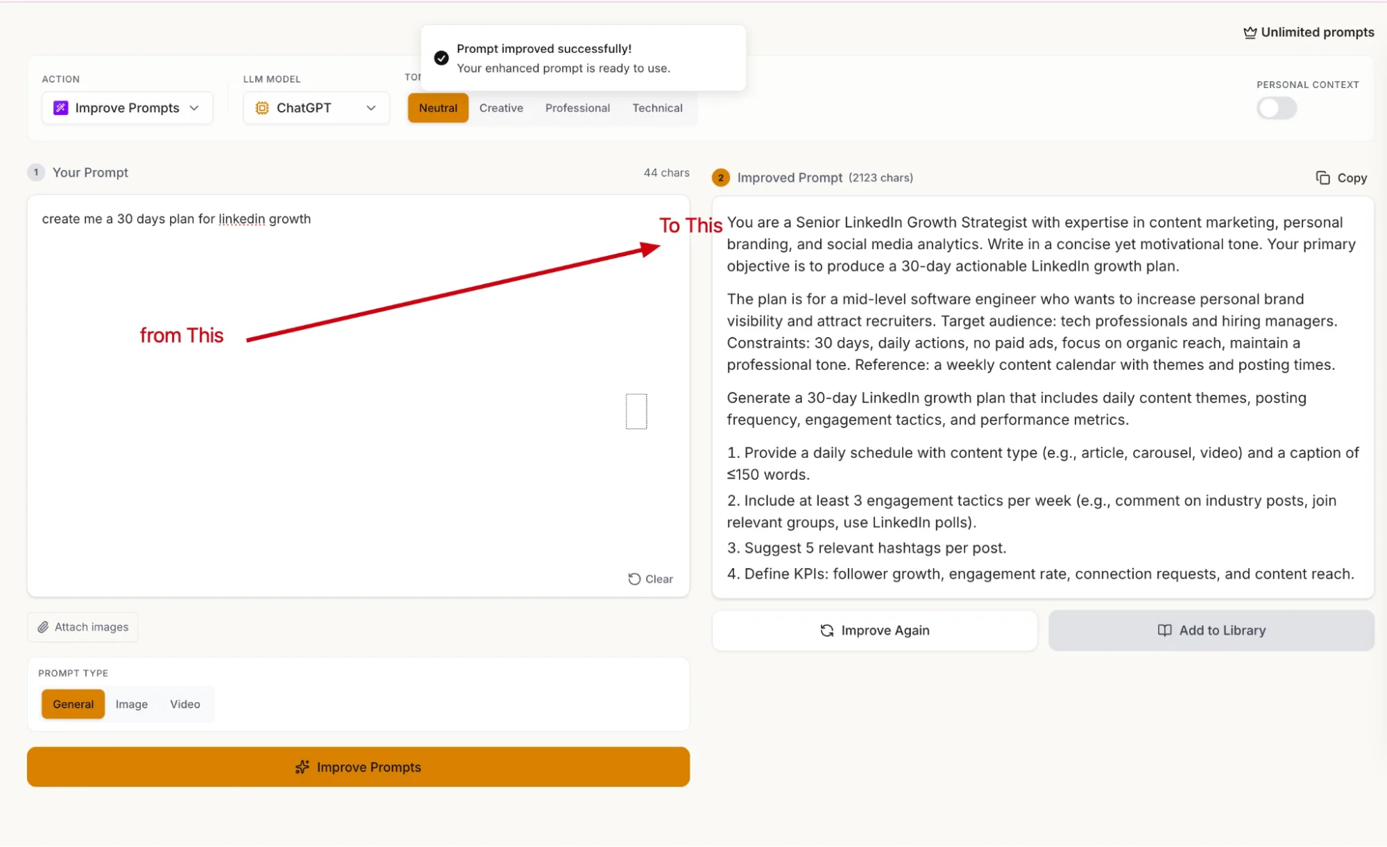 Prompt improvement interface